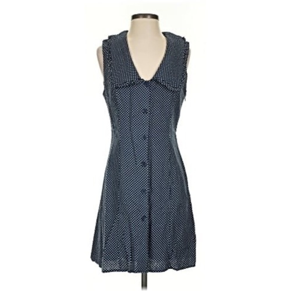Caroline Constas Blue Polka Dot Linen Blend Sleeveless Mini Dress Size 6